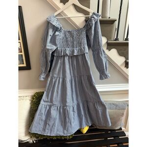 Frances Hart Navy & White Mini Gingham Embroidered Smocked L/S Midi Dress sz S N